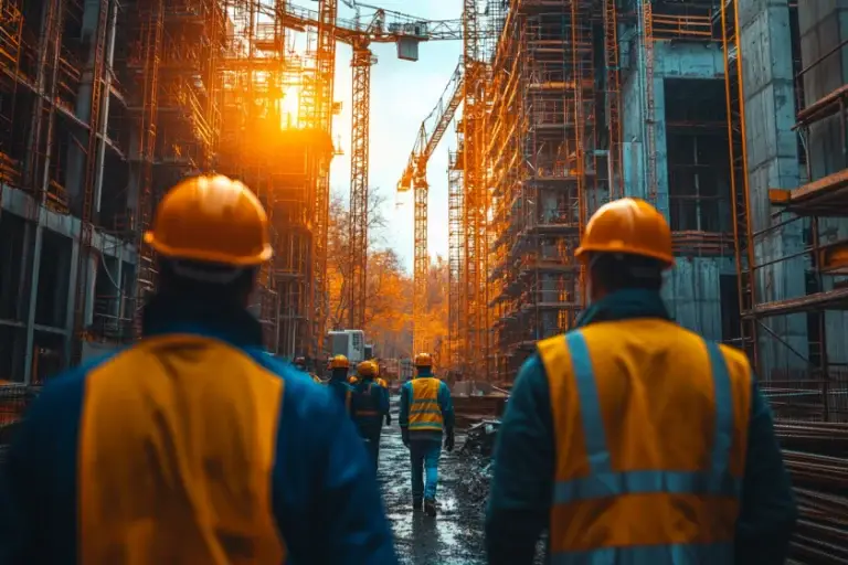 Chantier de construction illustrant des infrastructures conformes aux normes ISO 9001, ISO 14001 et ISO 45001