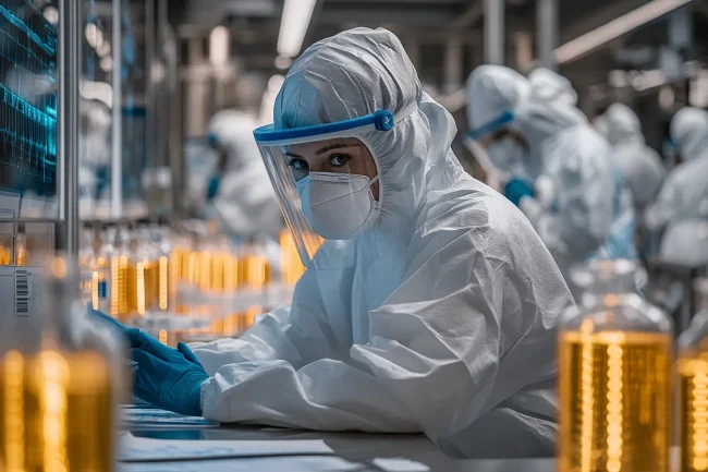 Technicien en laboratoire travaillant dans un environnement de production certifié ISO 9001 pour assurer l'efficacité opérationnelle.