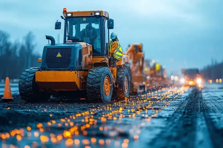 Chantier routier en activité – Illustration de l’application des systèmes de management ISO 9001, 14001 et 45001 dans les infrastructures de transport
