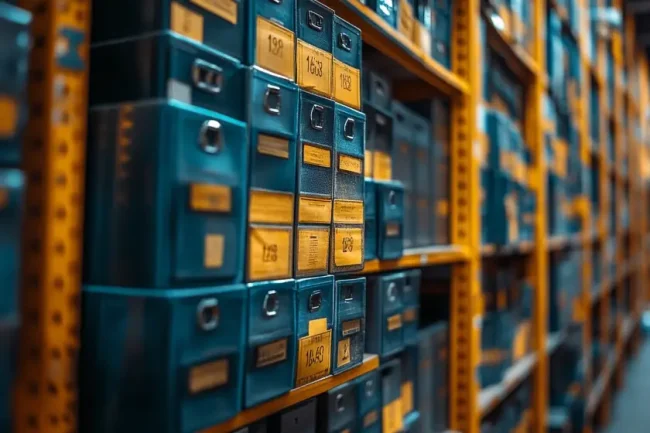 Boîtes d’archives bien rangées, symbolisant la gestion complète de la conformité légale chez Stoïk QSE