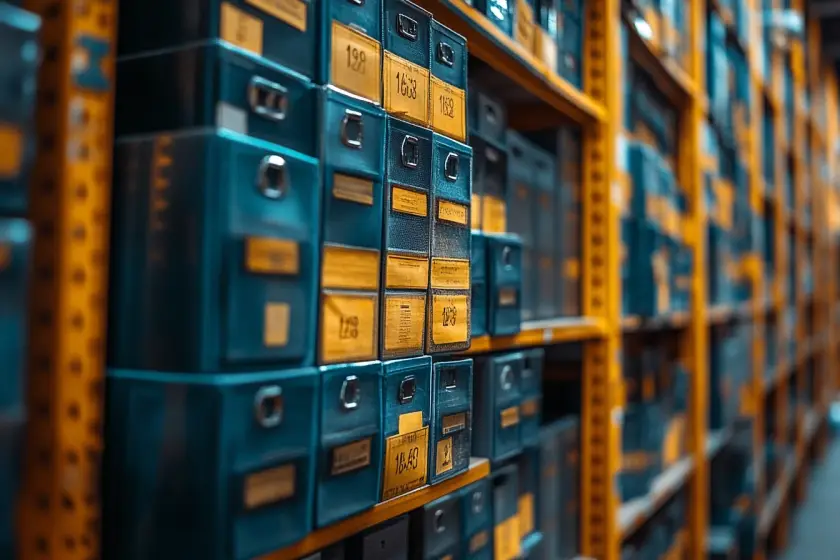 Boîtes d’archives bien rangées, symbolisant la gestion complète de la conformité légale chez Stoïk QSE