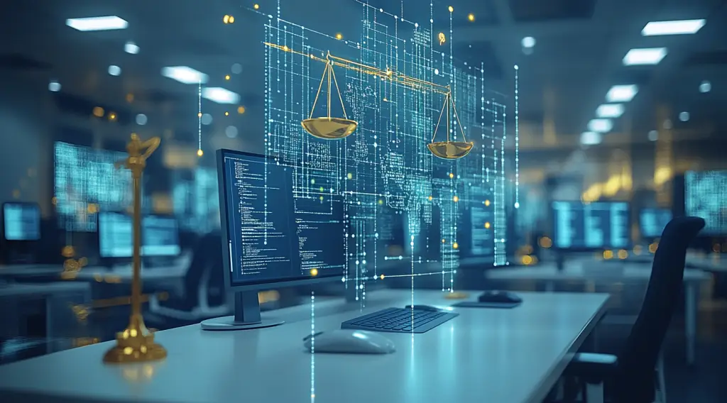 Bureau moderne illustrant la gestion complète de la conformité réglementaire avec outils technologiques, assurant une conformité efficace aux réglementations en vigueur.